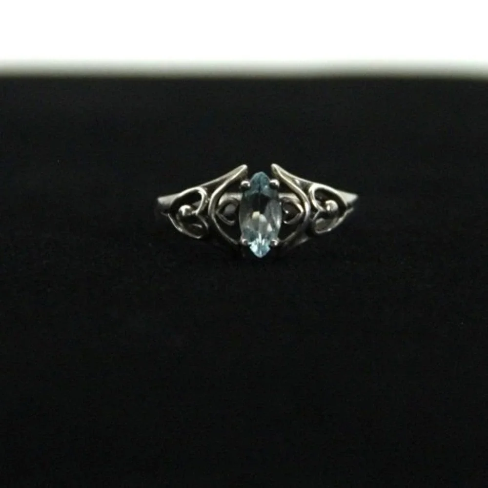 Sterling Silver 925 Blue Oval Topaz December Birthstone Ring Double Heart Size 7